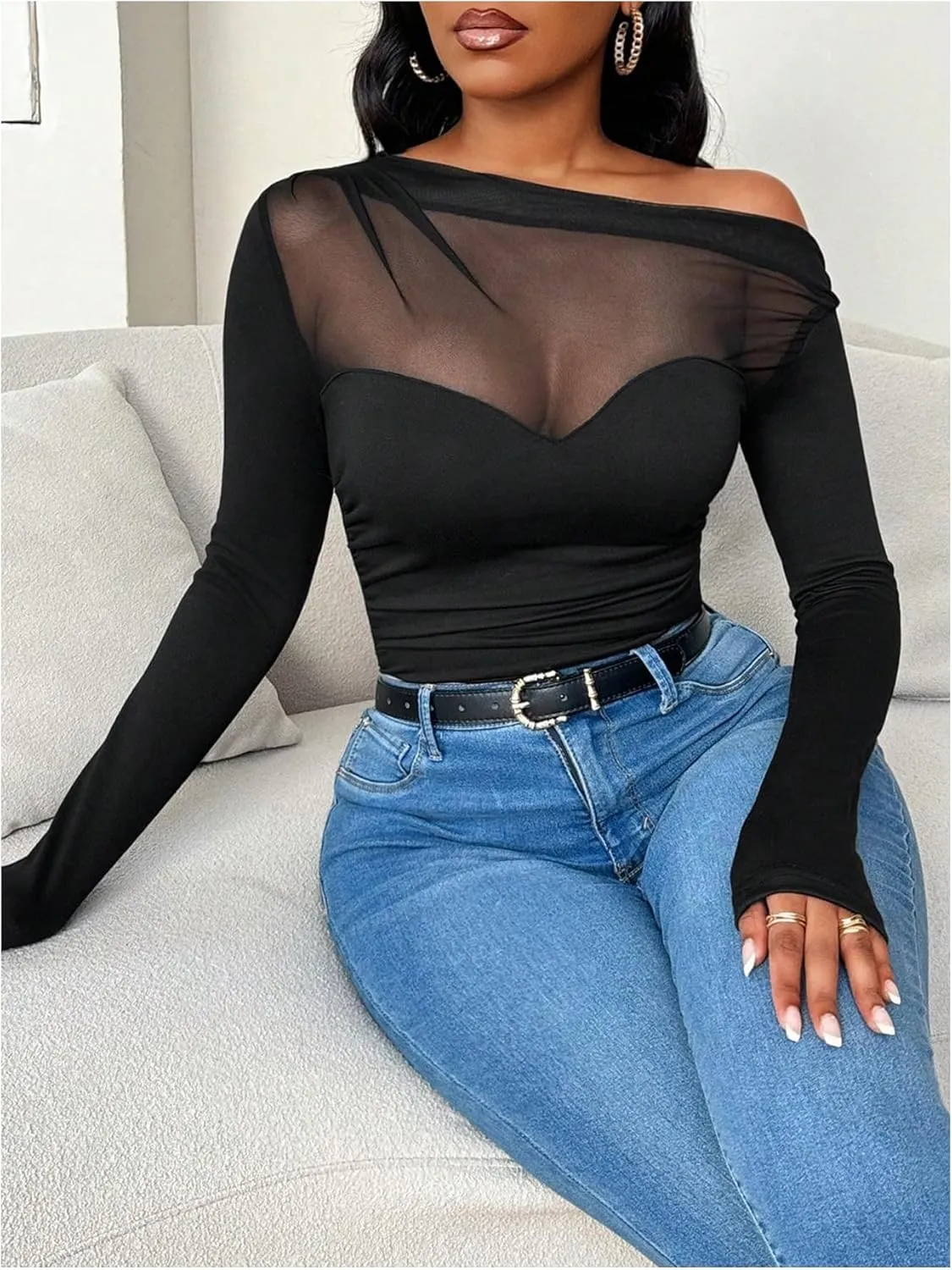 WDIRARA Women's One Shoulder Mesh Long Sleeve Tops Sexy Night Out Shirts