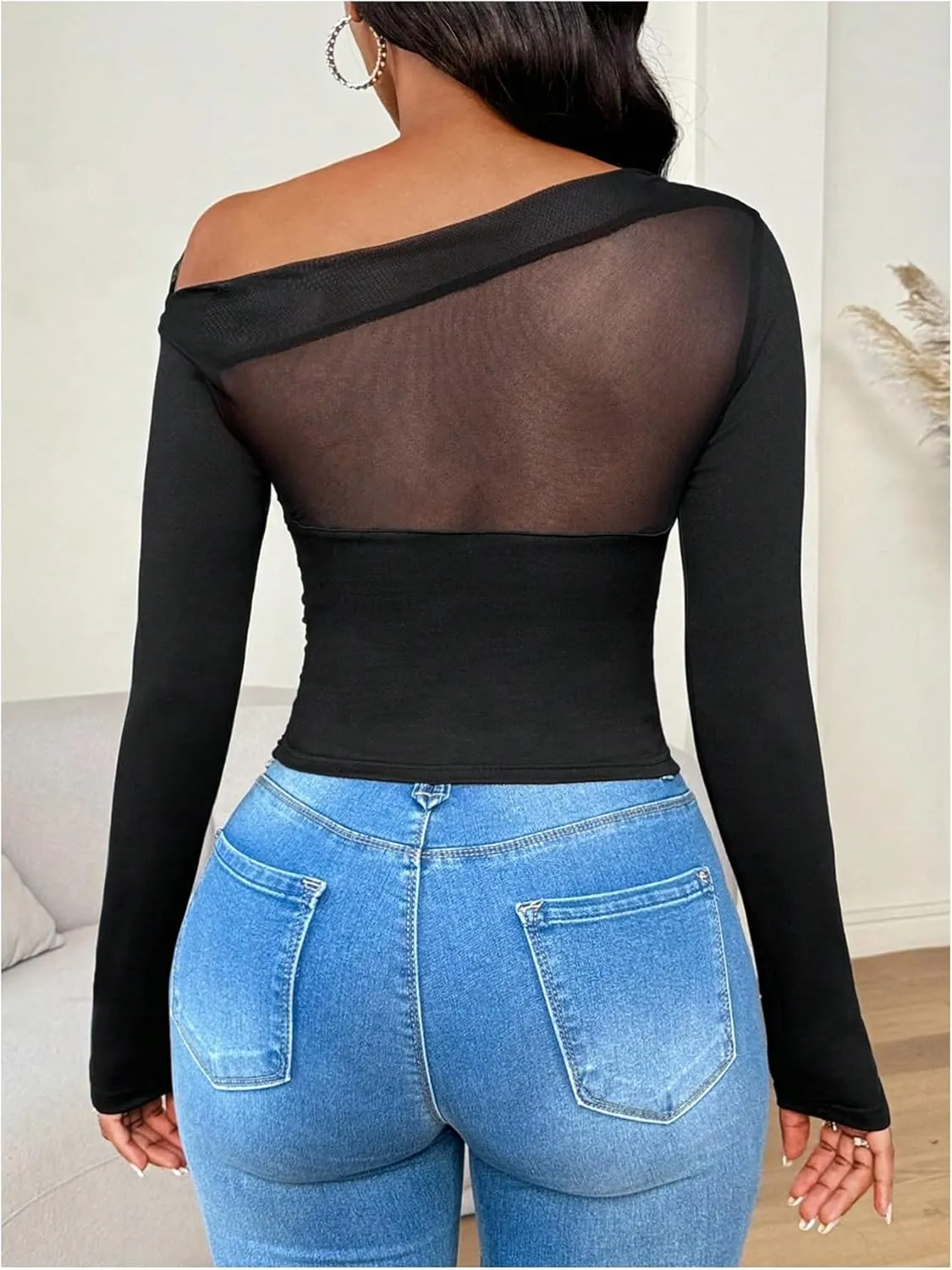WDIRARA Women's One Shoulder Mesh Long Sleeve Tops Sexy Night Out Shirts