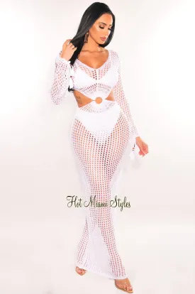 White Crochet Long Sleeve Cut Out O-Ring Maxi Cover Up Dress