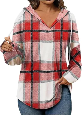Women 2024 Plaid Hoodies Long Sleeve Drawstring Pullover Hooded Sweatshirts Loose Fit Blouses Tops Fashion Clothes