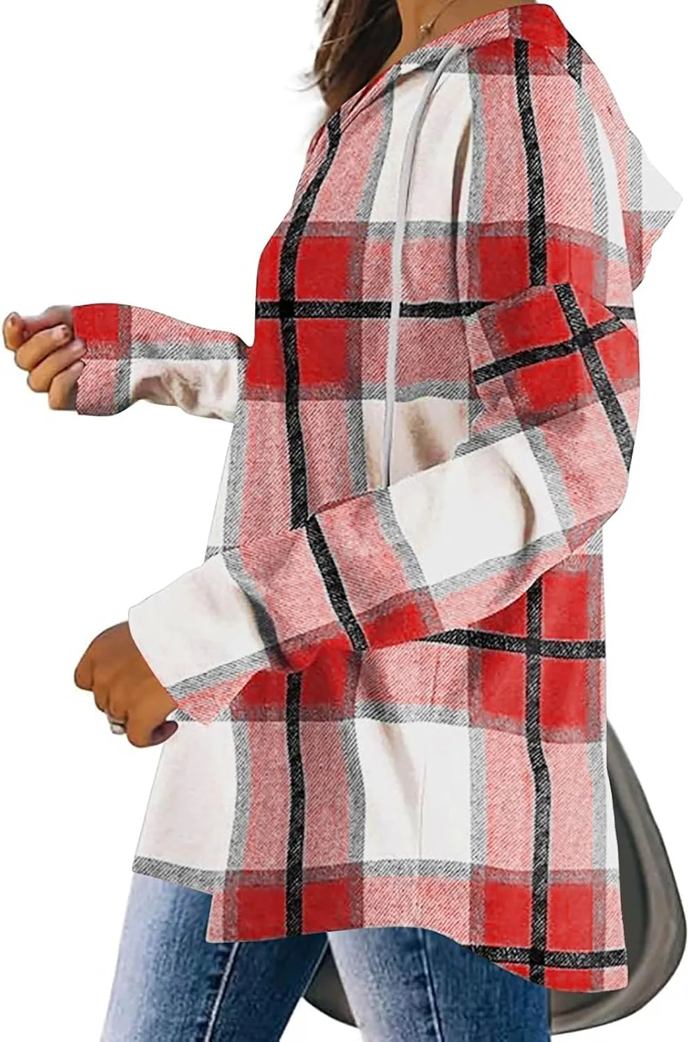 Women 2024 Plaid Hoodies Long Sleeve Drawstring Pullover Hooded Sweatshirts Loose Fit Blouses Tops Fashion Clothes