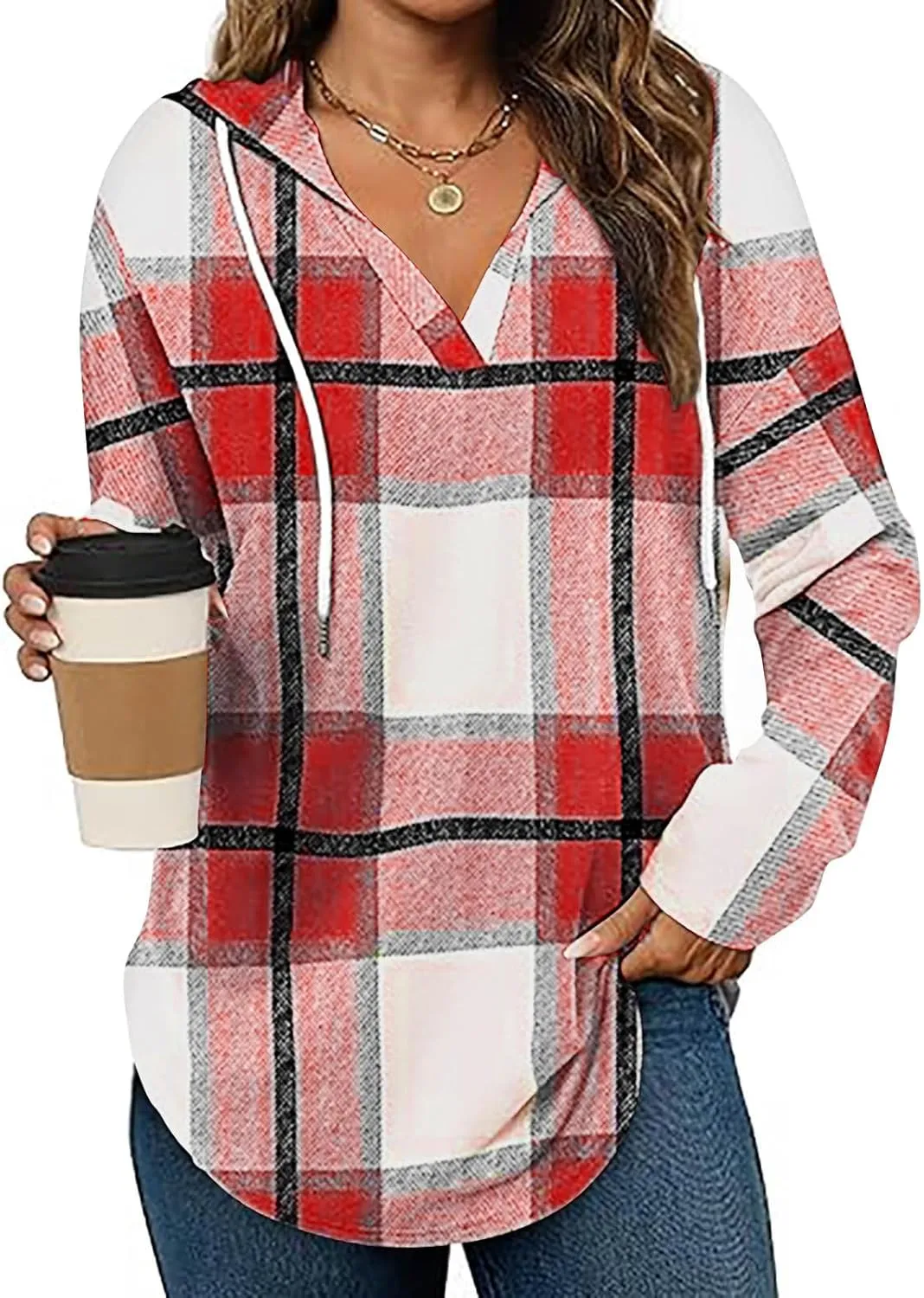 Women 2024 Plaid Hoodies Long Sleeve Drawstring Pullover Hooded Sweatshirts Loose Fit Blouses Tops Fashion Clothes