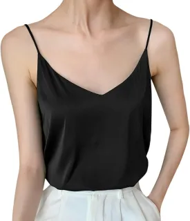 Women 2025 Fashion Silk Stain Tank Tops Summer Casual V Neck Sleeveless Blouse Camisole Slim Spaghetti Strap Cami