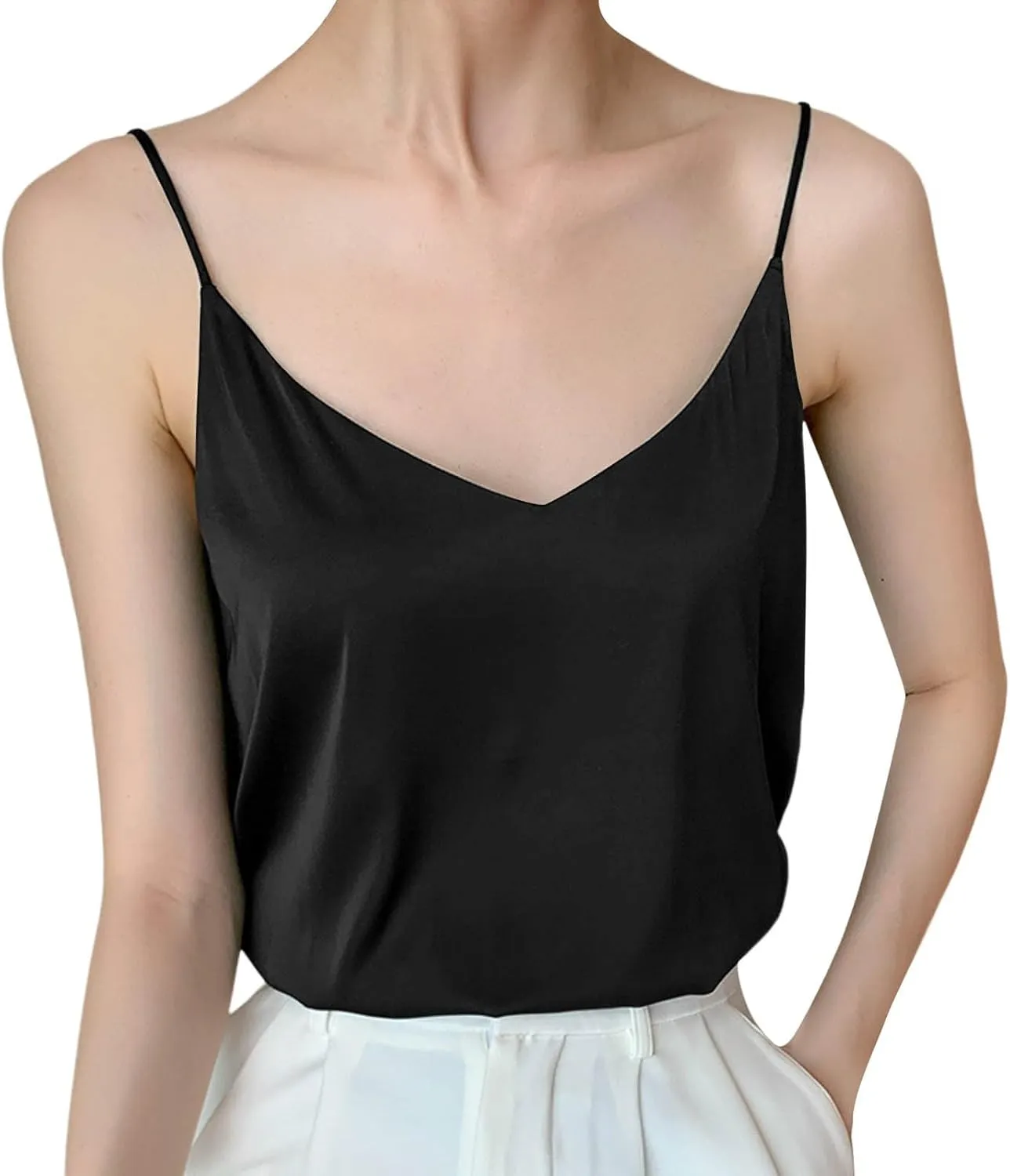 Women 2025 Fashion Silk Stain Tank Tops Summer Casual V Neck Sleeveless Blouse Camisole Slim Spaghetti Strap Cami