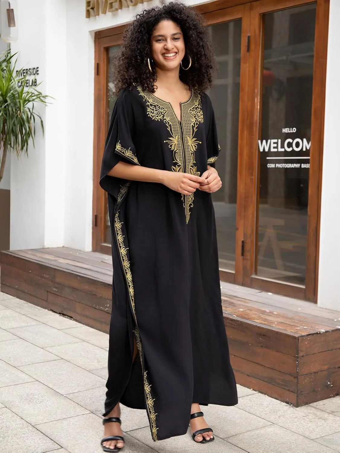Women Embroidery Loose Kaftan Casual Beach Bathing Suit Cover Up Long Caftans Maxi Dress
