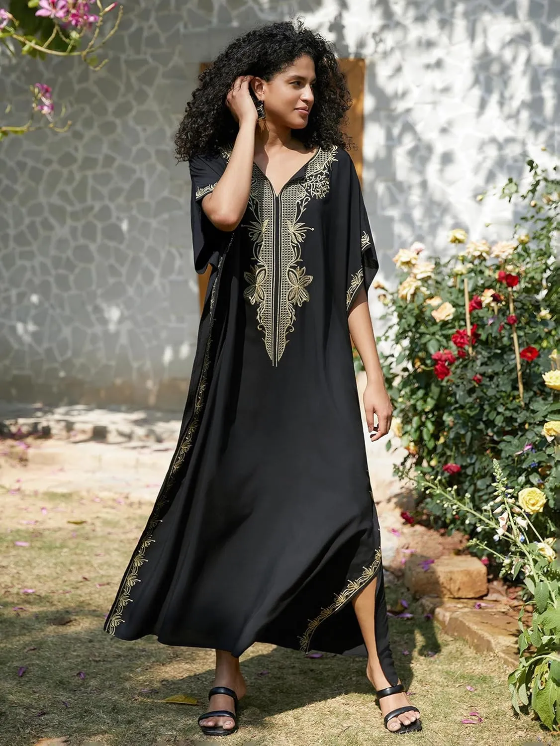 Women Embroidery Loose Kaftan Casual Beach Bathing Suit Cover Up Long Caftans Maxi Dress