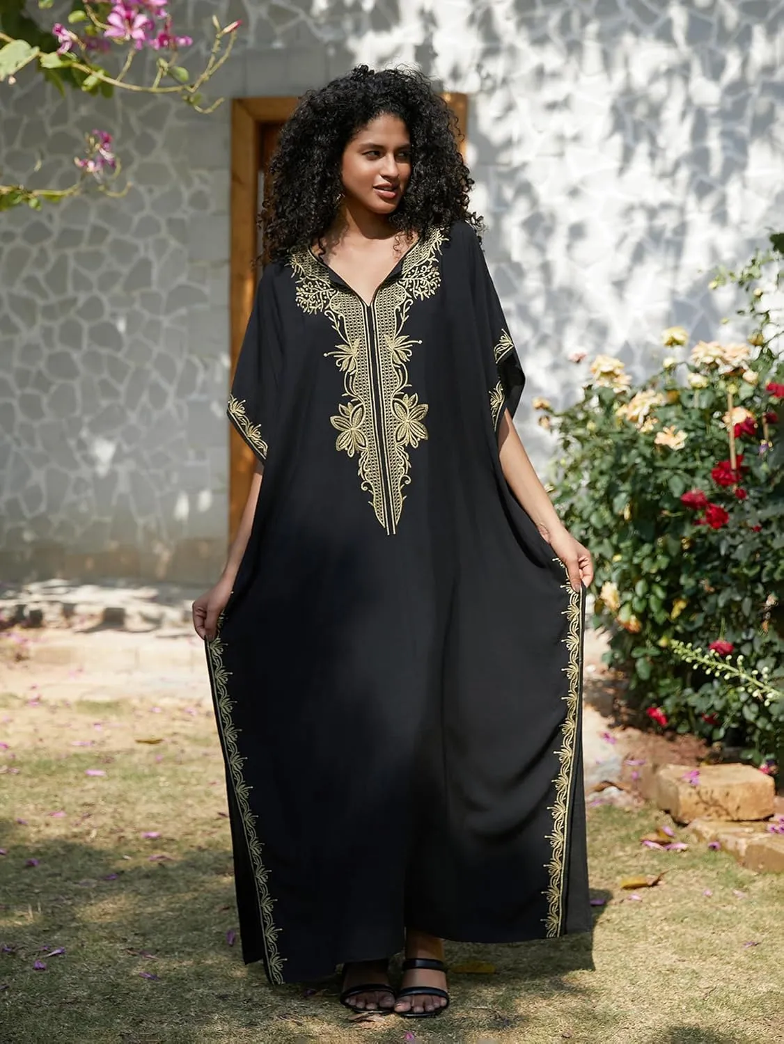 Women Embroidery Loose Kaftan Casual Beach Bathing Suit Cover Up Long Caftans Maxi Dress