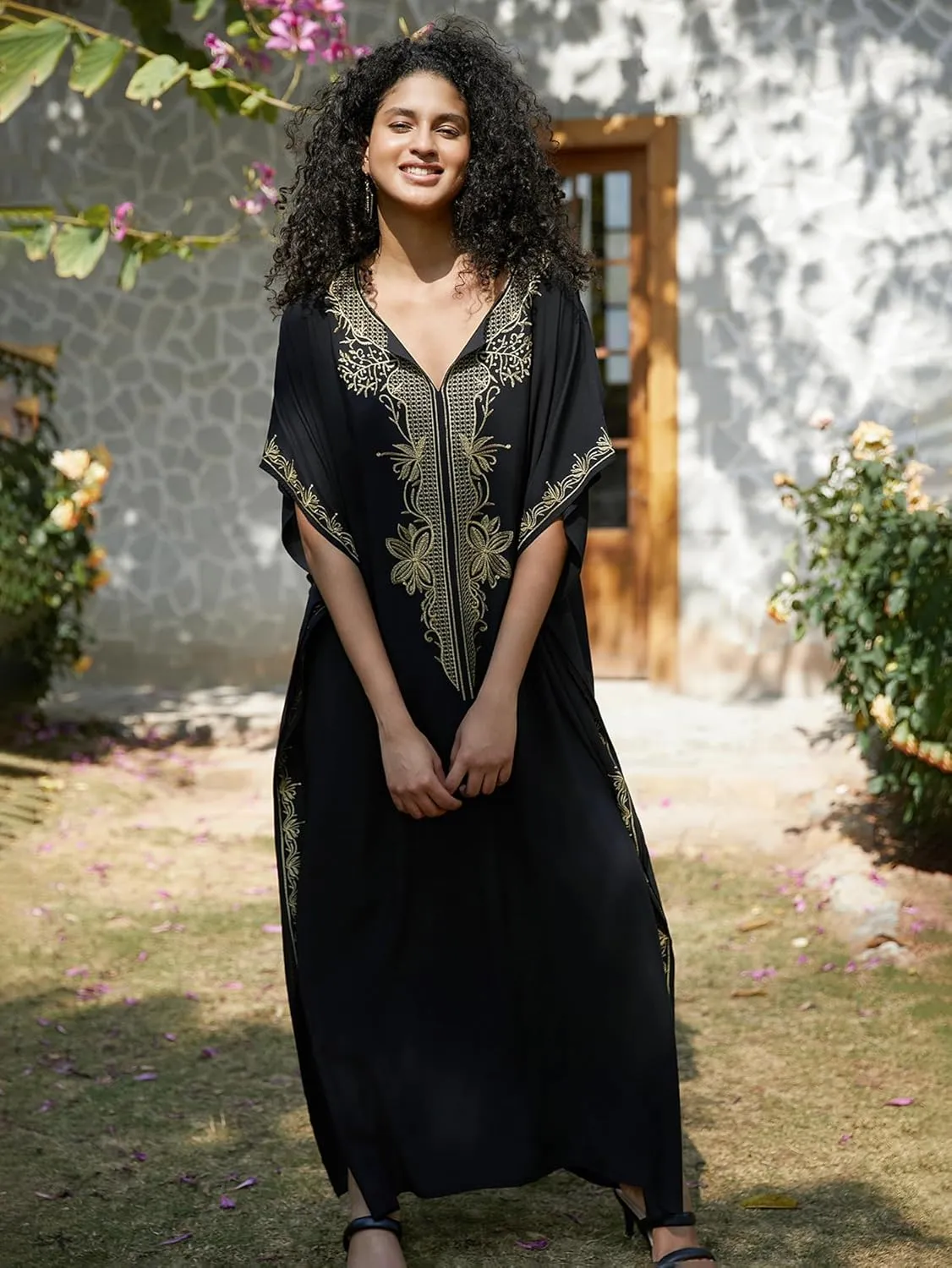 Women Embroidery Loose Kaftan Casual Beach Bathing Suit Cover Up Long Caftans Maxi Dress
