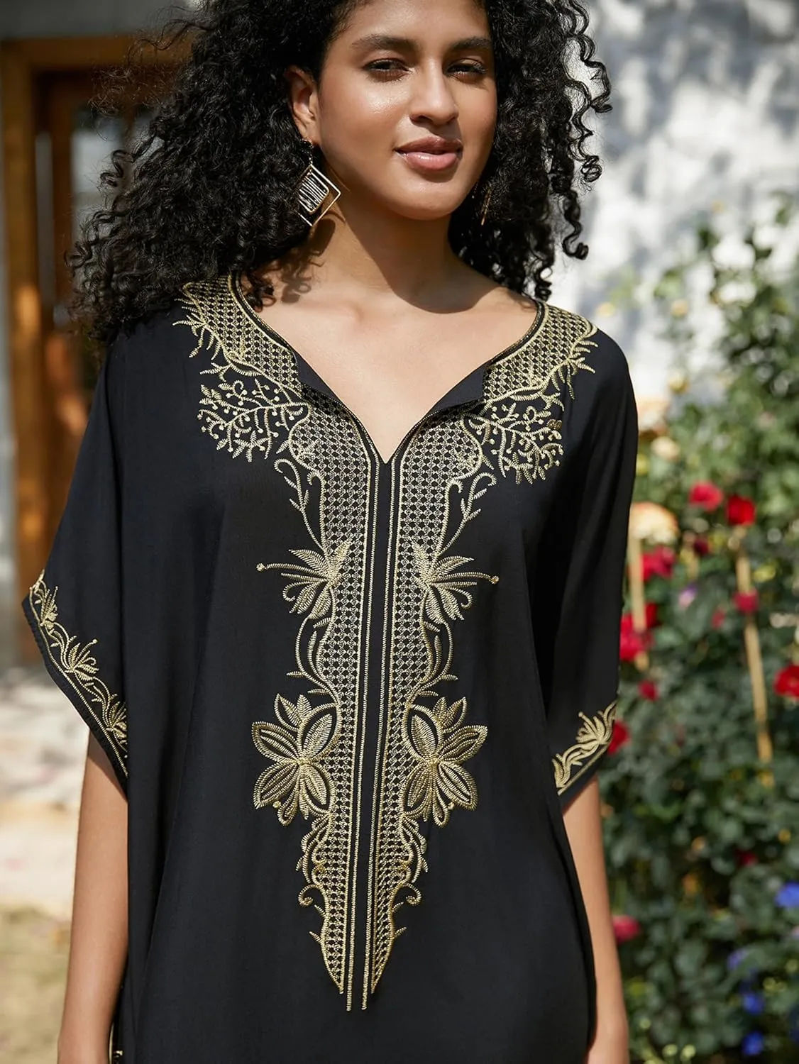 Women Embroidery Loose Kaftan Casual Beach Bathing Suit Cover Up Long Caftans Maxi Dress