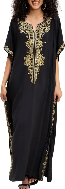 Women Embroidery Loose Kaftan Casual Beach Bathing Suit Cover Up Long Caftans Maxi Dress
