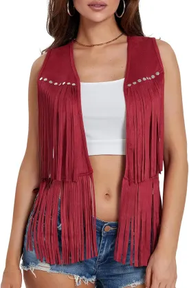 Women Fringe Vest 70s Hippie Costume Sleeveless Rivets Tassel Open Front Faux Suede Waistcoat Western Vest