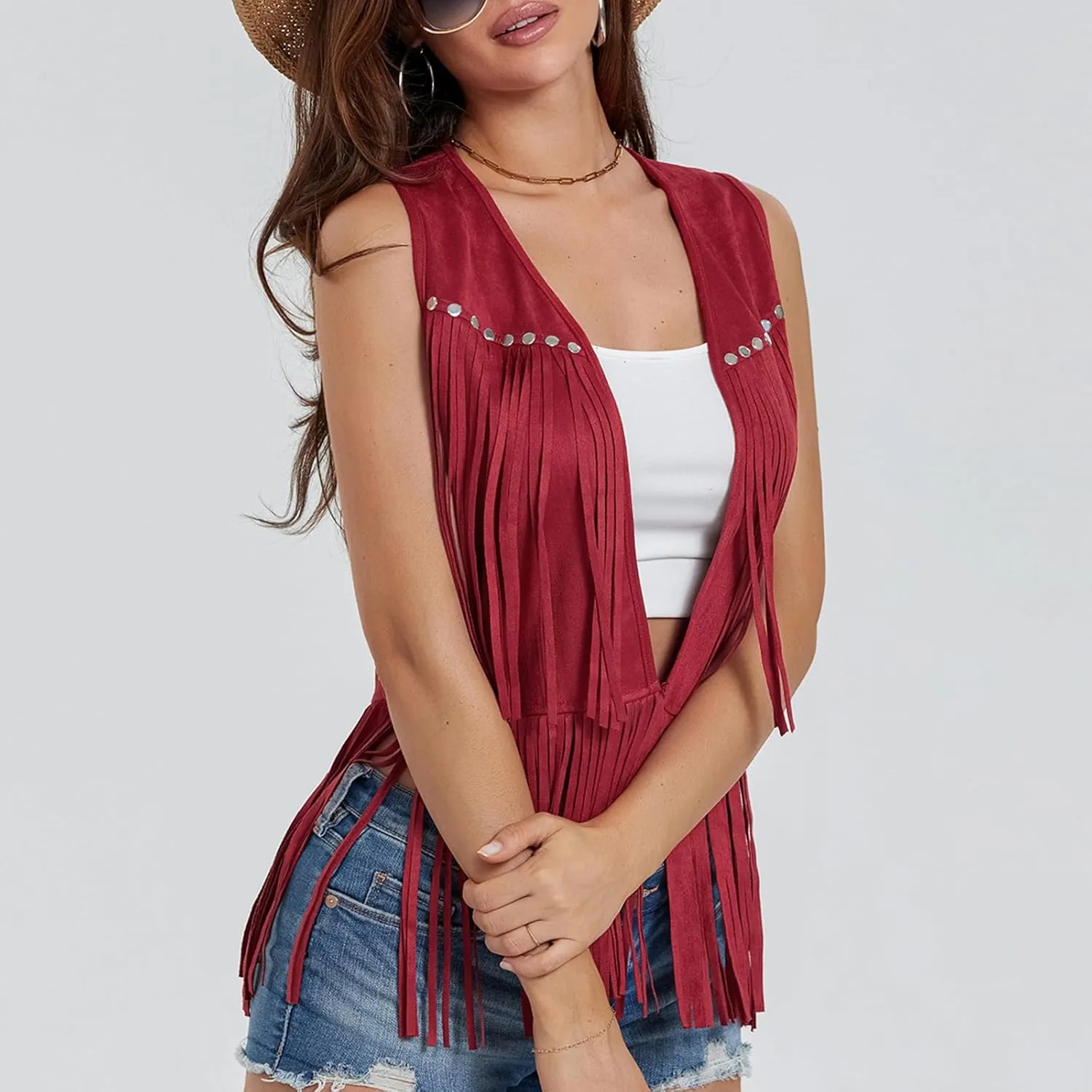 Women Fringe Vest 70s Hippie Costume Sleeveless Rivets Tassel Open Front Faux Suede Waistcoat Western Vest