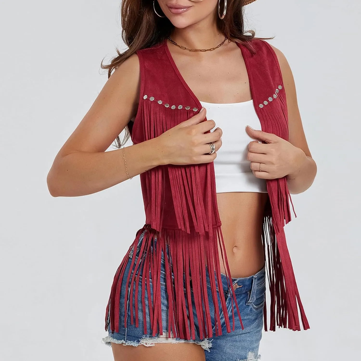 Women Fringe Vest 70s Hippie Costume Sleeveless Rivets Tassel Open Front Faux Suede Waistcoat Western Vest