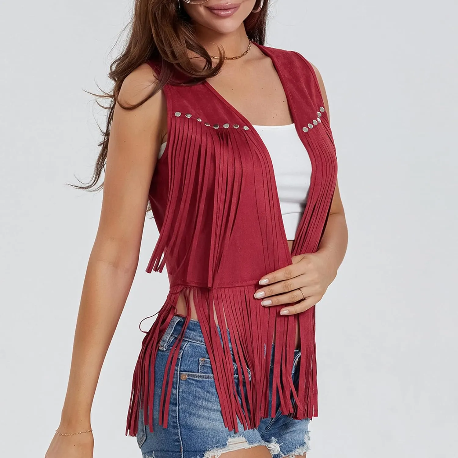 Women Fringe Vest 70s Hippie Costume Sleeveless Rivets Tassel Open Front Faux Suede Waistcoat Western Vest