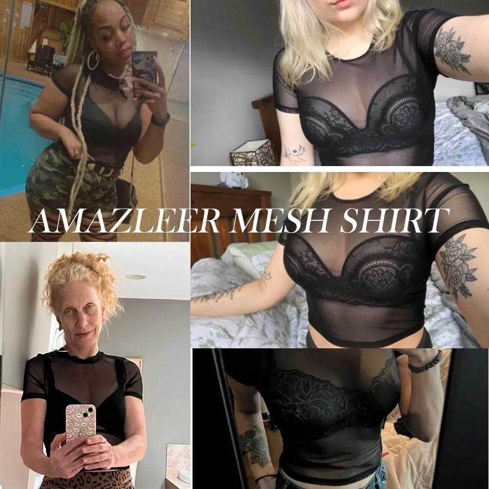 Women Mesh Crop Top Short Sleeve See Through Shirt Sheer Blouse O Neck Clubwear