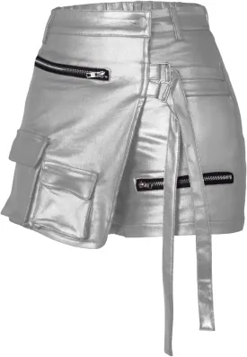 Women Metallic Cargo Leather Shorts Metallic High Waisted Irregular Split Sexy Rave Asymmetrical Streetwear Skorts