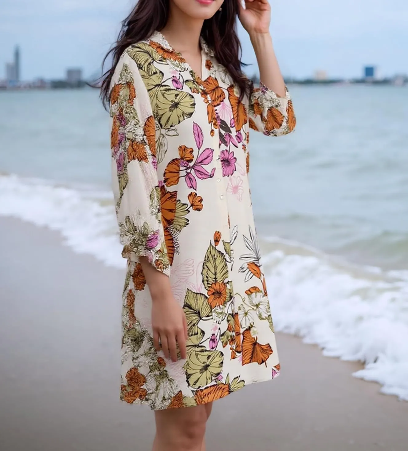 Women Mini Summer Dress Cover Up Floral Shirt 3/4 Sleeve Cuff Tie Button Down Sundress Beach Dresses Cover Up Top