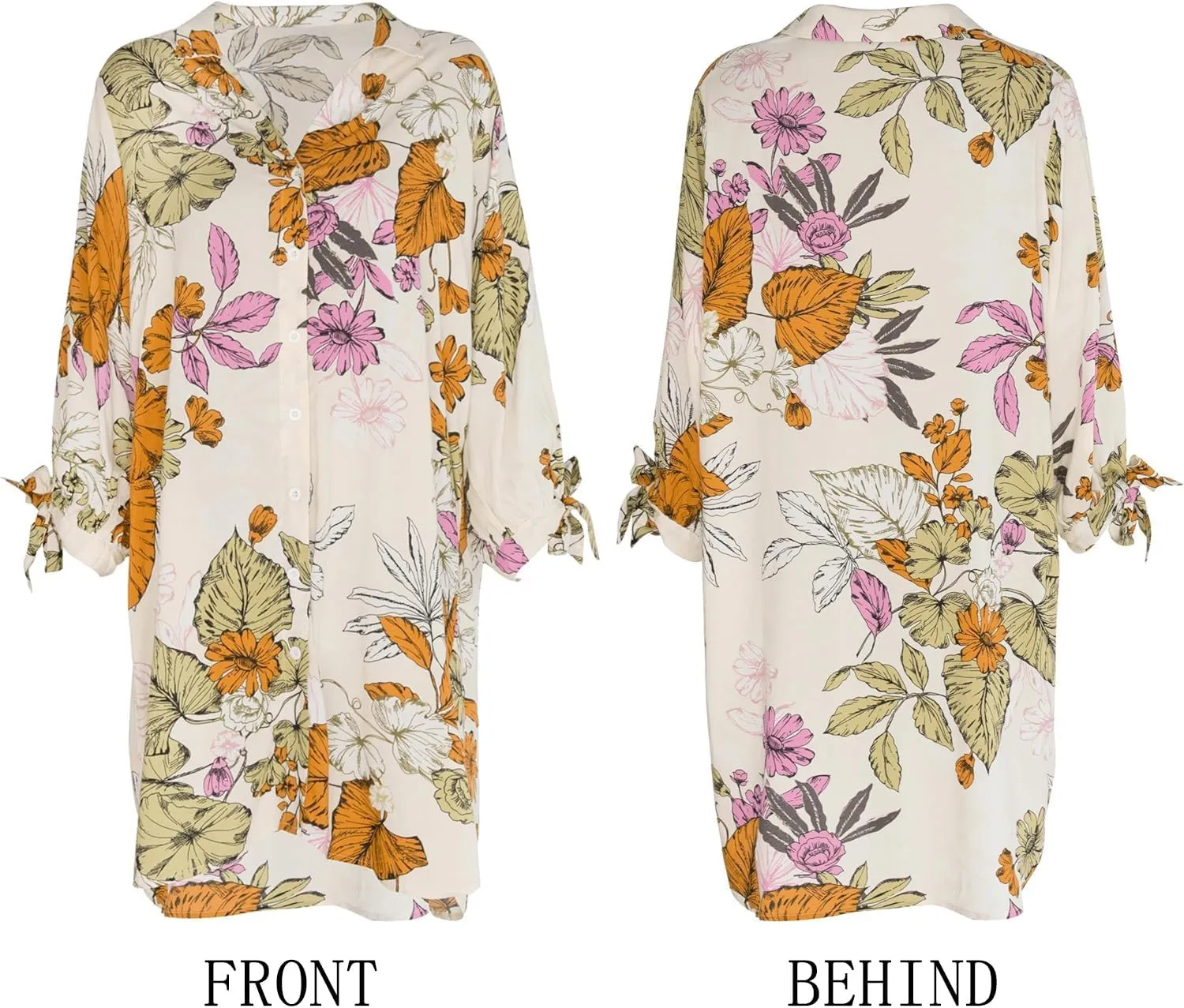 Women Mini Summer Dress Cover Up Floral Shirt 3/4 Sleeve Cuff Tie Button Down Sundress Beach Dresses Cover Up Top