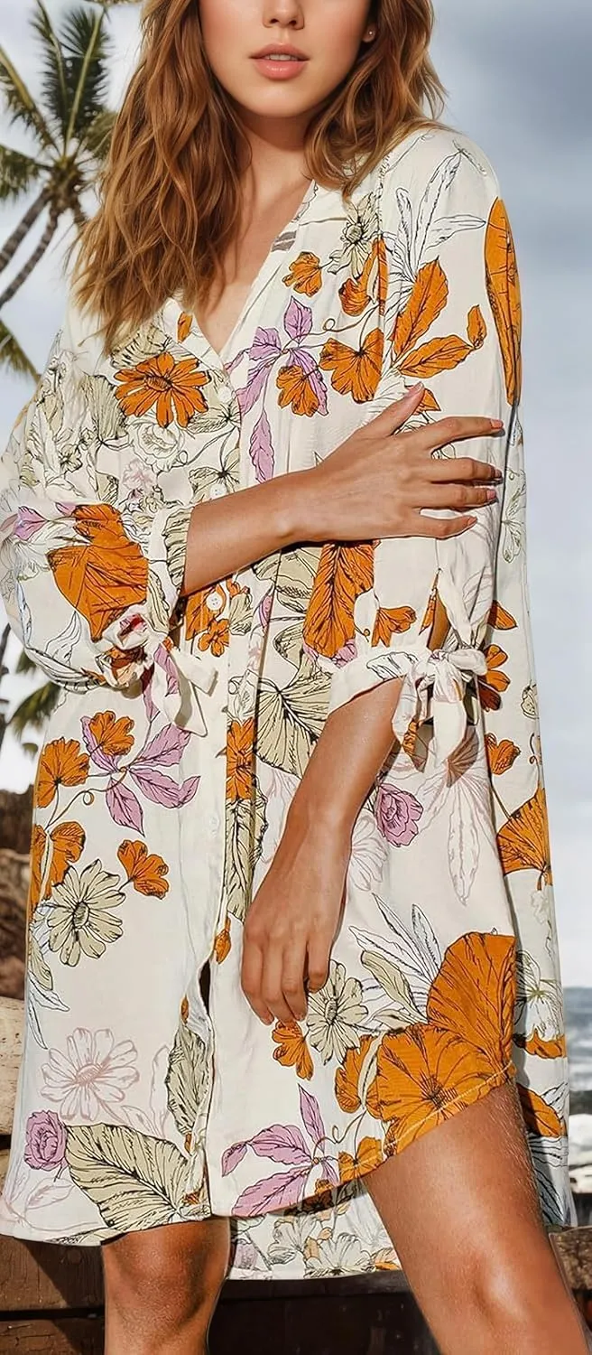 Women Mini Summer Dress Cover Up Floral Shirt 3/4 Sleeve Cuff Tie Button Down Sundress Beach Dresses Cover Up Top