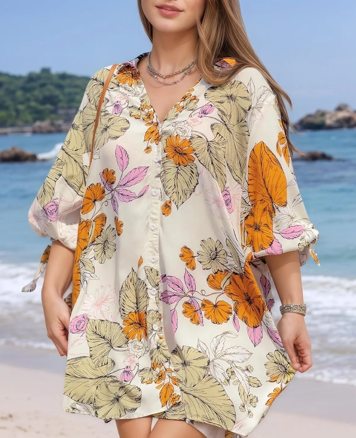 Women Mini Summer Dress Cover Up Floral Shirt 3/4 Sleeve Cuff Tie Button Down Sundress Beach Dresses Cover Up Top