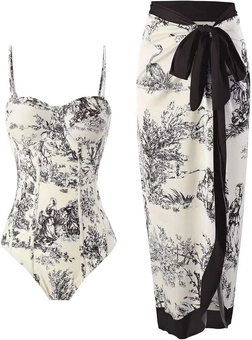Women Sexy One Piece Swimsuit with Cover up Set High Waisted Beach Wrap Skirt Two Piece Bathing Suit