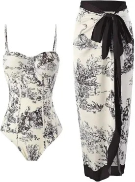 Women Sexy One Piece Swimsuit with Cover up Set High Waisted Beach Wrap Skirt Two Piece Bathing Suit