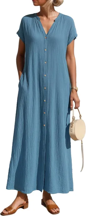 Women V Neck Cotton Linen Shirt Maxi Dress Button Down Short Sleeve Summer Casual Loose Flowy Beach Dress with Pocket