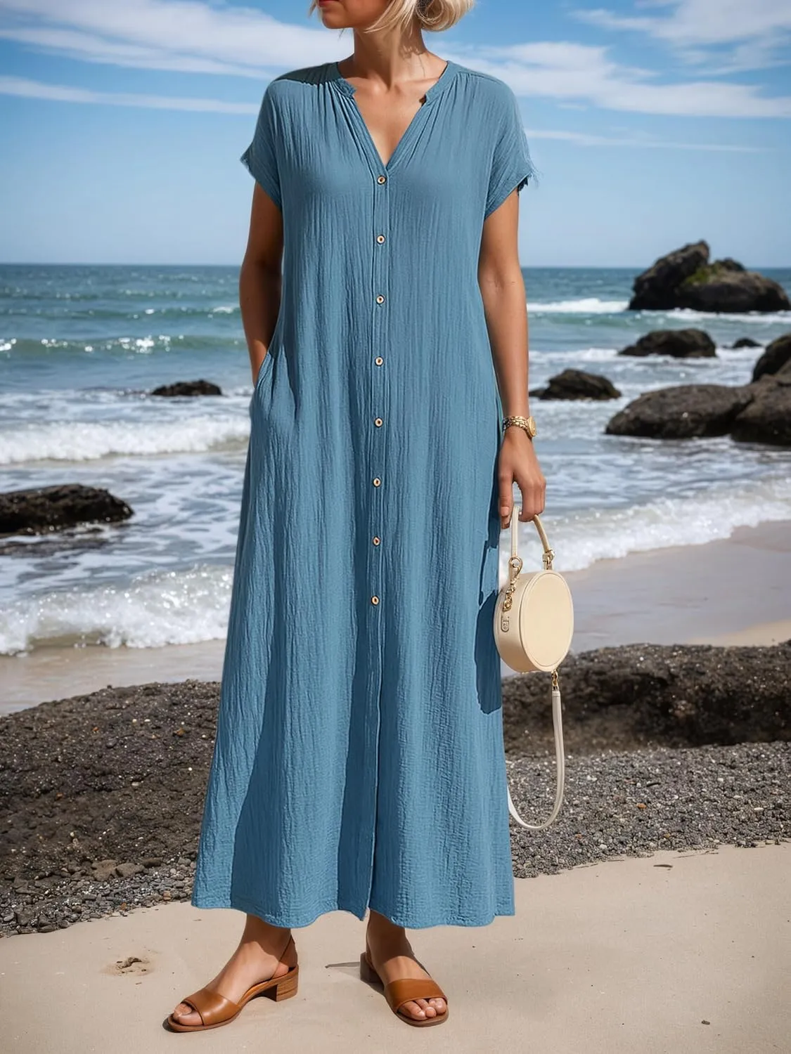 Women V Neck Cotton Linen Shirt Maxi Dress Button Down Short Sleeve Summer Casual Loose Flowy Beach Dress with Pocket