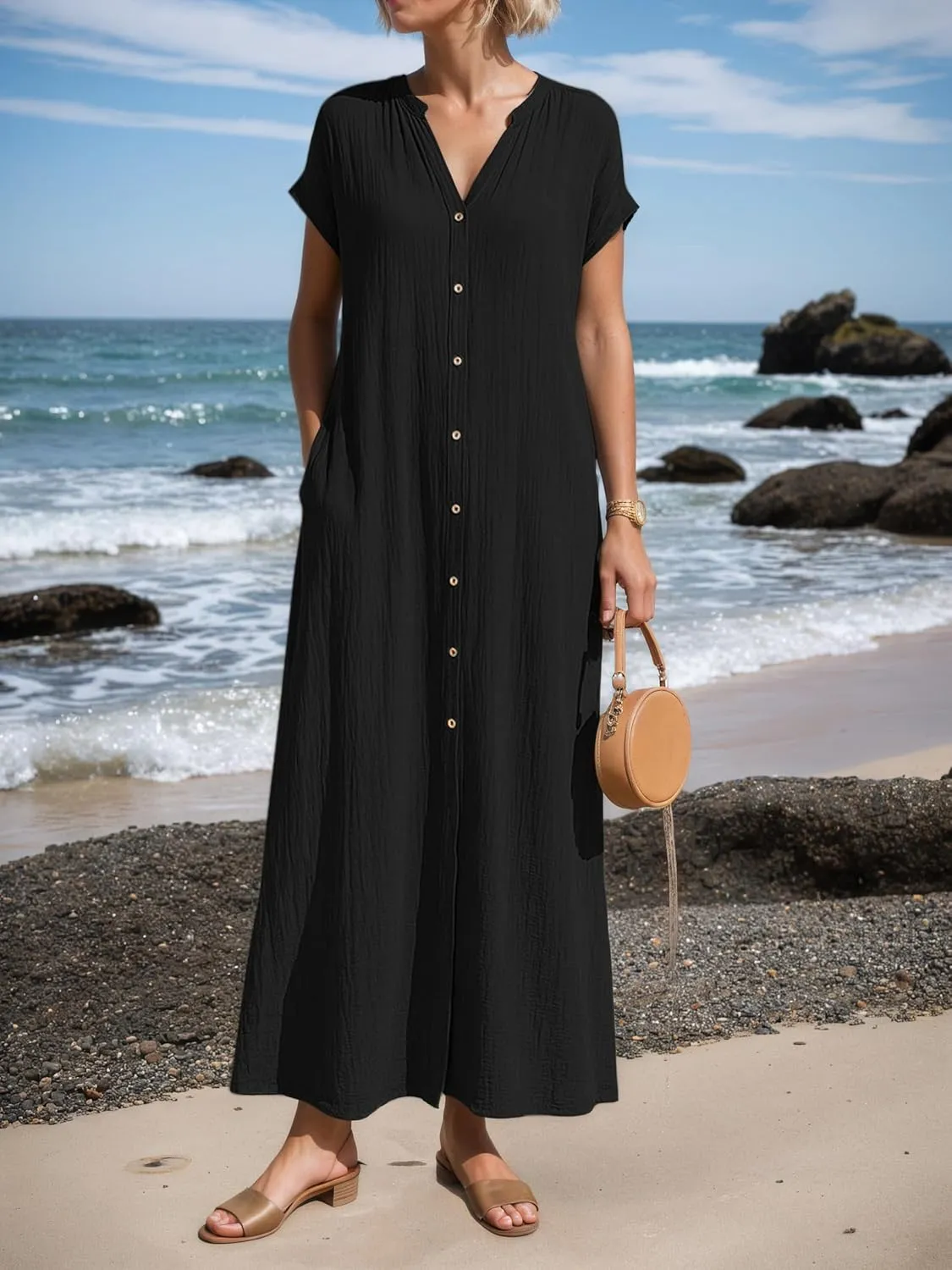 Women V Neck Cotton Linen Shirt Maxi Dress Button Down Short Sleeve Summer Casual Loose Flowy Beach Dress with Pocket
