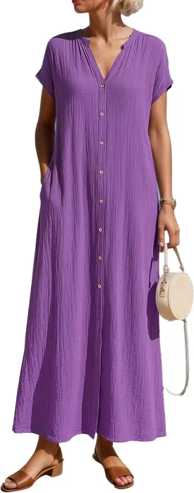 Women V Neck Cotton Linen Shirt Maxi Dress Button Down Short Sleeve Summer Casual Loose Flowy Beach Dress with Pocket