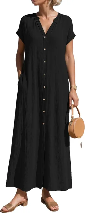 Women V Neck Cotton Linen Shirt Maxi Dress Button Down Short Sleeve Summer Casual Loose Flowy Beach Dress with Pocket