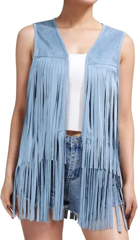 Women Western Black Fringe Vest Brown Cowgirl Sleeveless Faux Suede Tassel Vest 70s