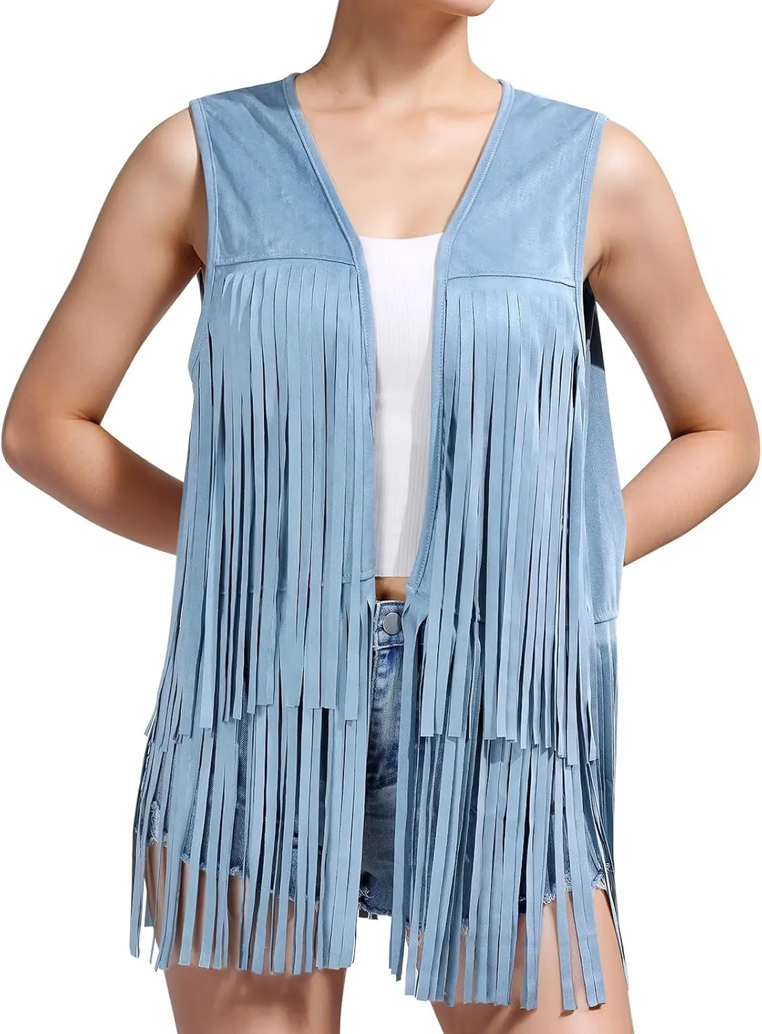 Women Western Black Fringe Vest Brown Cowgirl Sleeveless Faux Suede Tassel Vest 70s