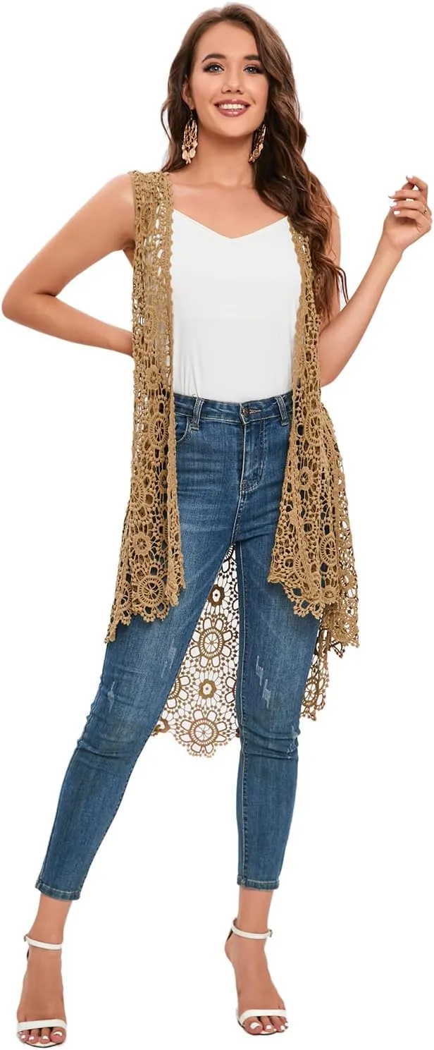 Women's Casual Long Crochet Vest Loose Fit Boho Lace Cover up High Low Sleeveless Cardigan