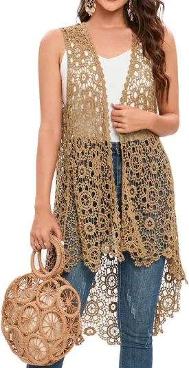 Women's Casual Long Crochet Vest Loose Fit Boho Lace Cover up High Low Sleeveless Cardigan