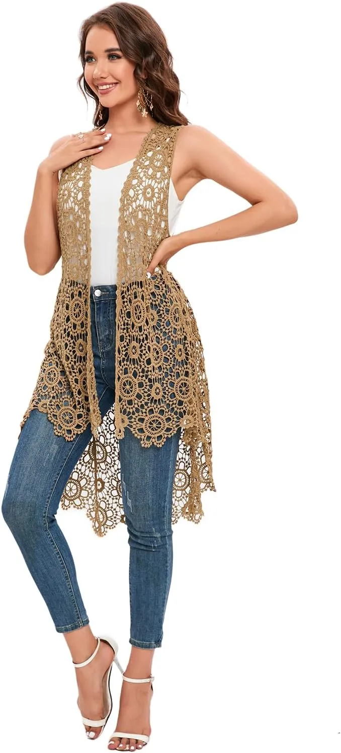 Women's Casual Long Crochet Vest Loose Fit Boho Lace Cover up High Low Sleeveless Cardigan