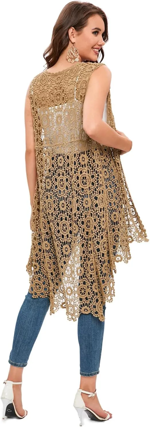 Women's Casual Long Crochet Vest Loose Fit Boho Lace Cover up High Low Sleeveless Cardigan