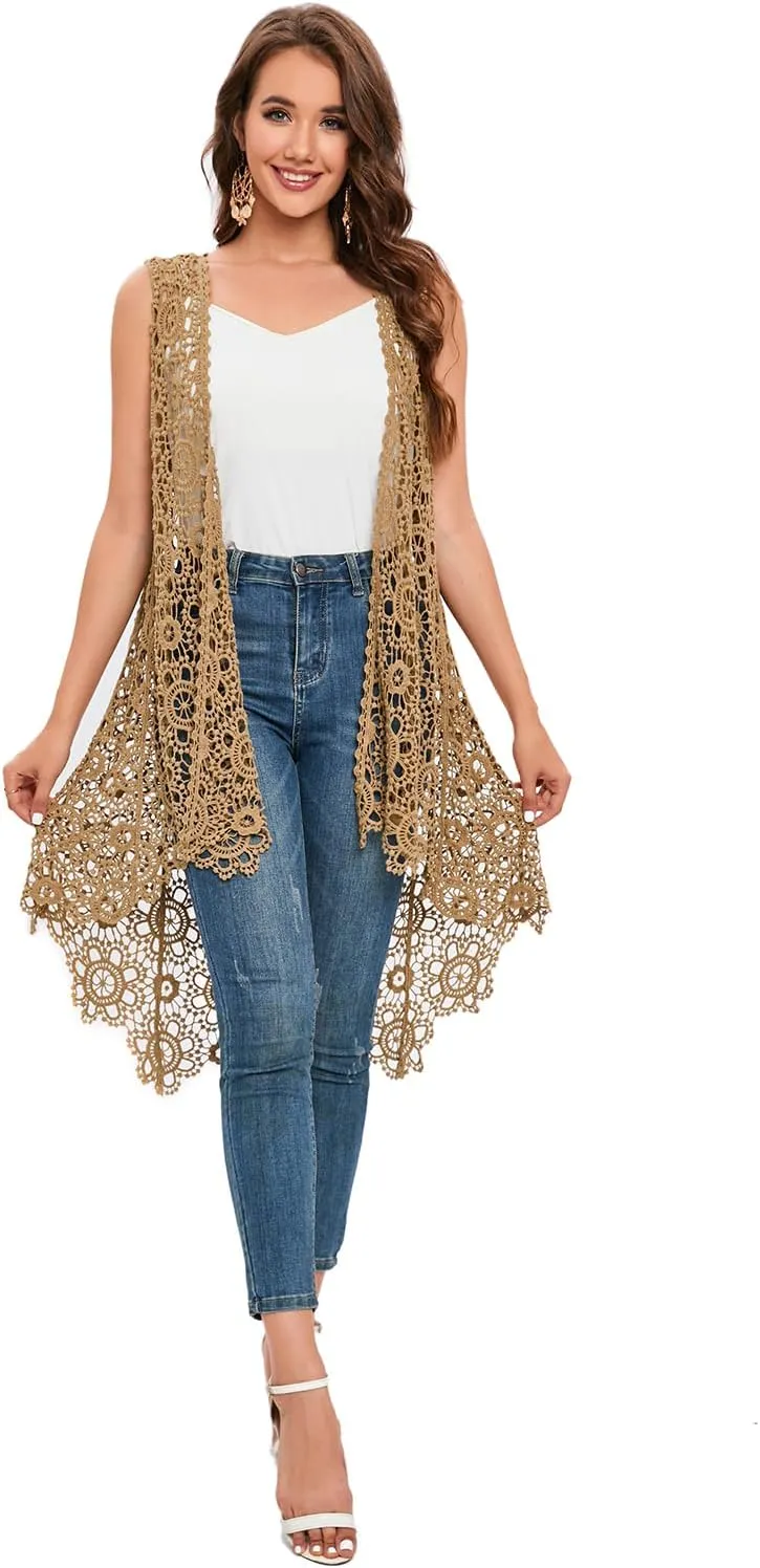 Women's Casual Long Crochet Vest Loose Fit Boho Lace Cover up High Low Sleeveless Cardigan