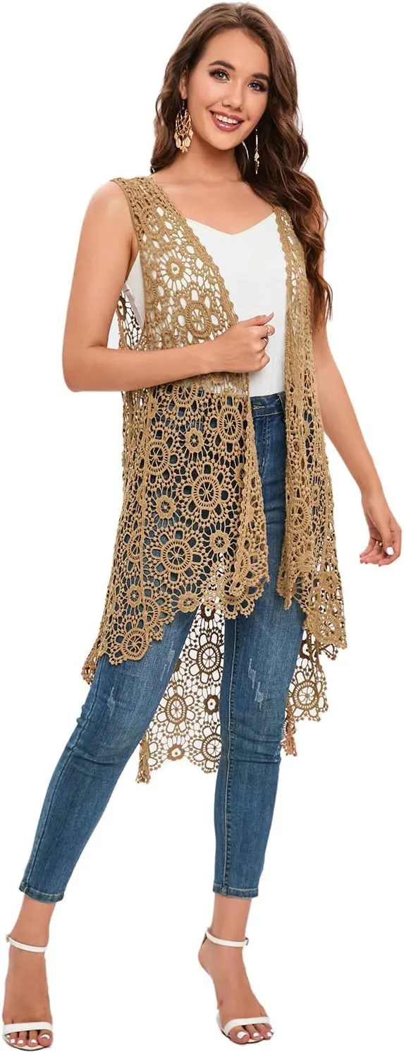 Women's Casual Long Crochet Vest Loose Fit Boho Lace Cover up High Low Sleeveless Cardigan