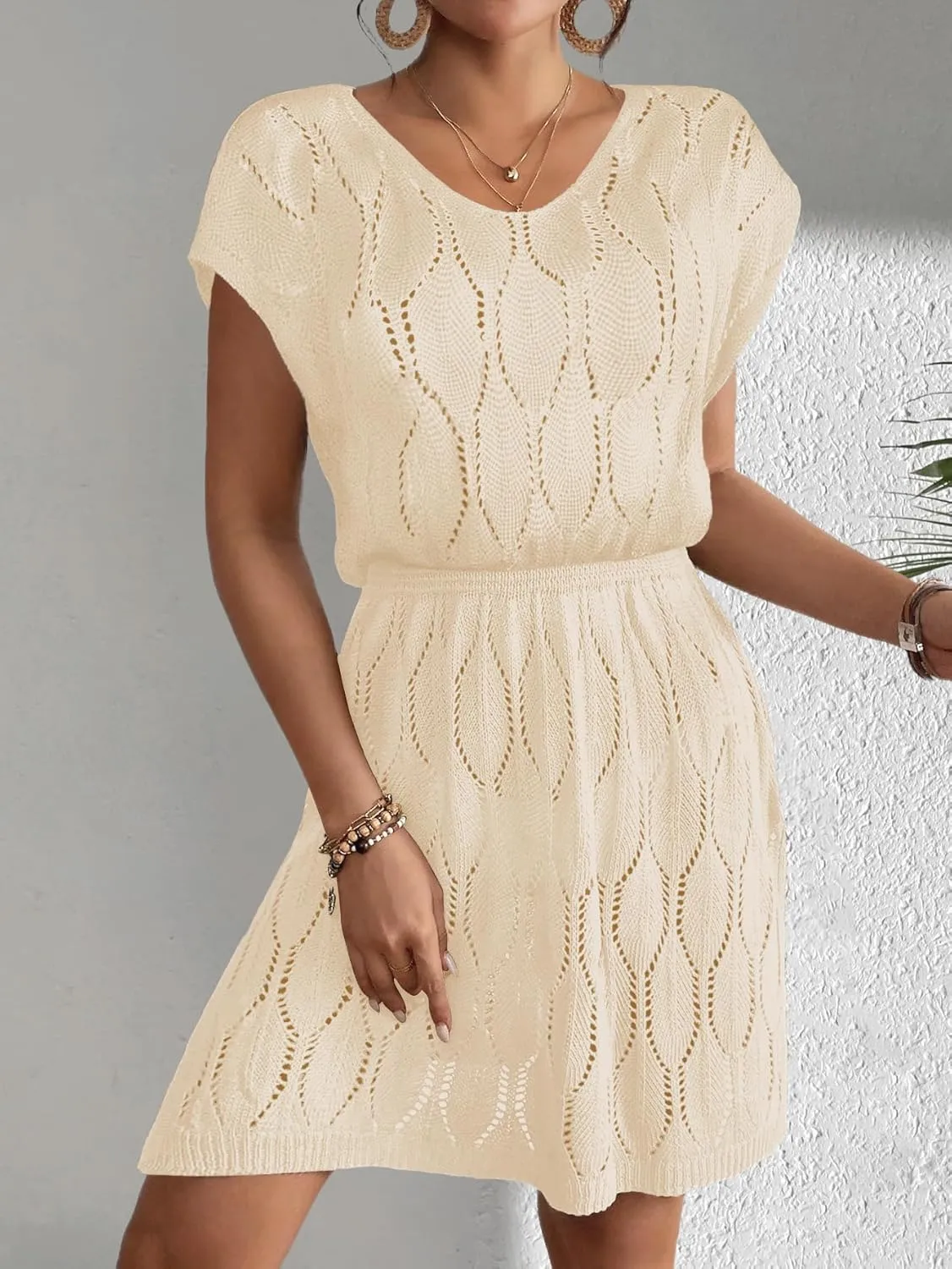 Womens Crochet Elastic Waist Beach Dresses Summer 2025 Scoop Neck Cap Sleeve Bathing Suit Cover Up Mini Dress