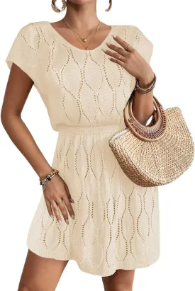 Womens Crochet Elastic Waist Beach Dresses Summer 2025 Scoop Neck Cap Sleeve Bathing Suit Cover Up Mini Dress