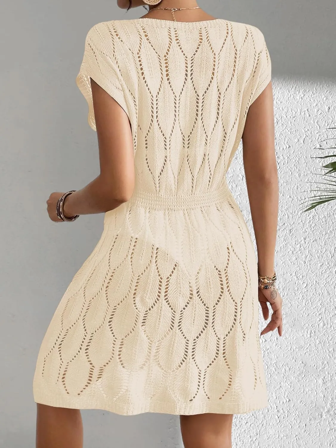 Womens Crochet Elastic Waist Beach Dresses Summer 2025 Scoop Neck Cap Sleeve Bathing Suit Cover Up Mini Dress