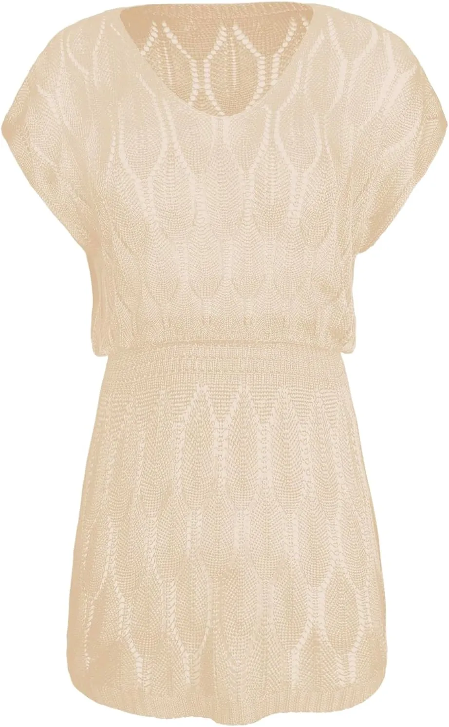 Womens Crochet Elastic Waist Beach Dresses Summer 2025 Scoop Neck Cap Sleeve Bathing Suit Cover Up Mini Dress