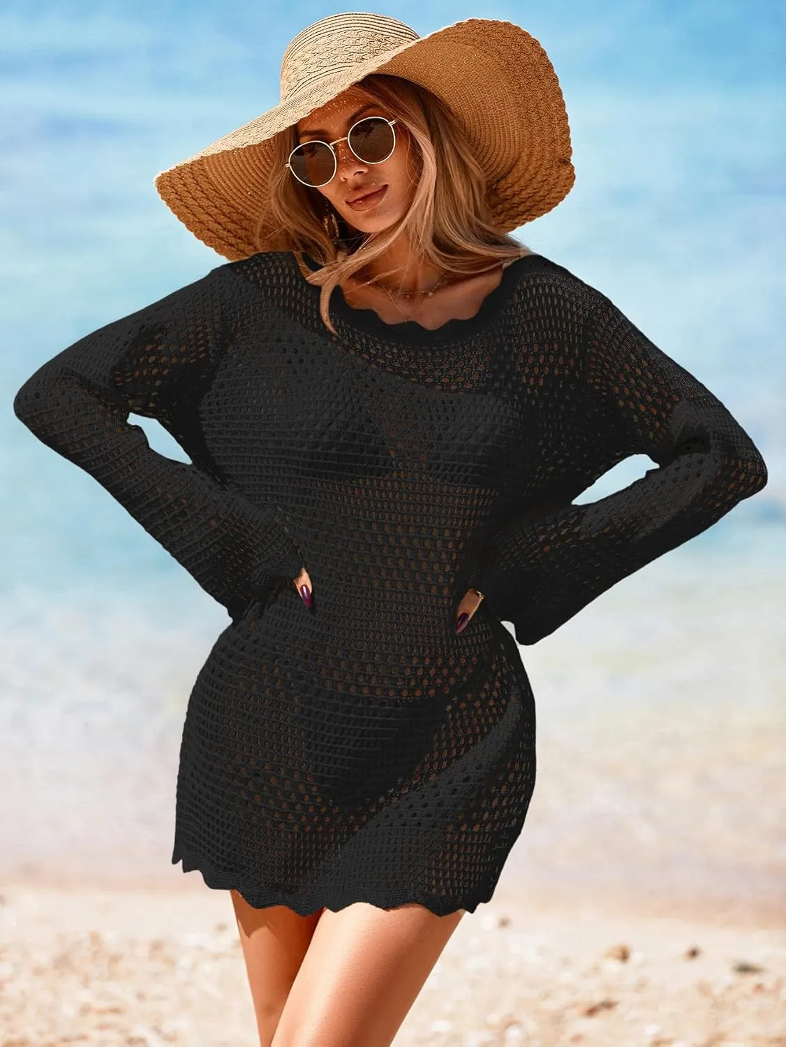 Womens Crochet Knit Swimsuit Coverup Mini Dress Summer 2025 Boat Neck Wavy Trim Beach Bathing Suit Cover Up