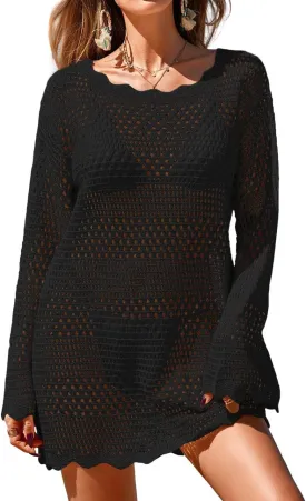 Womens Crochet Knit Swimsuit Coverup Mini Dress Summer 2025 Boat Neck Wavy Trim Beach Bathing Suit Cover Up
