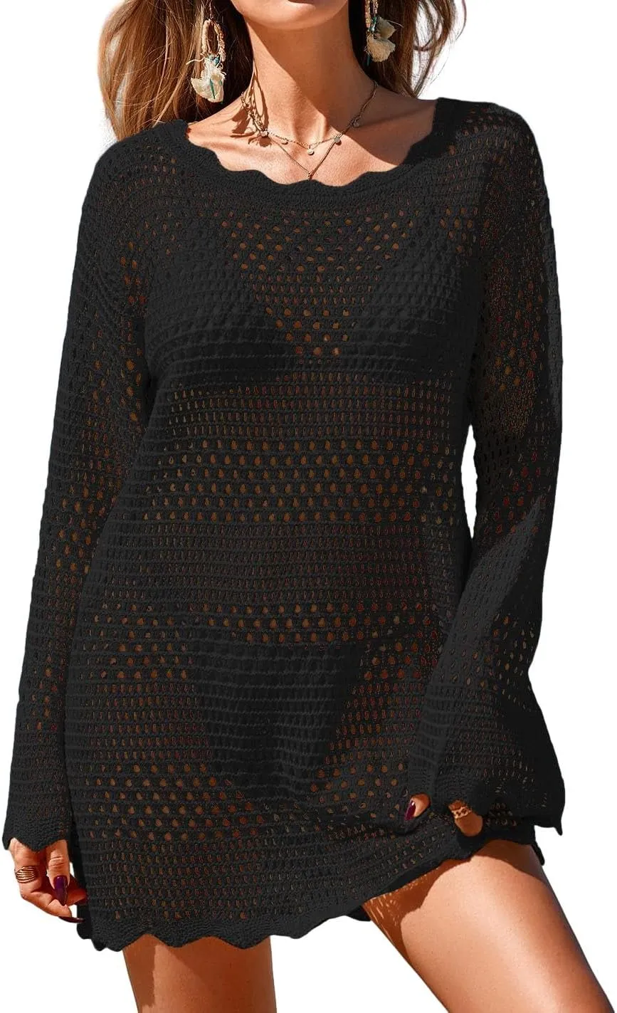 Womens Crochet Knit Swimsuit Coverup Mini Dress Summer 2025 Boat Neck Wavy Trim Beach Bathing Suit Cover Up