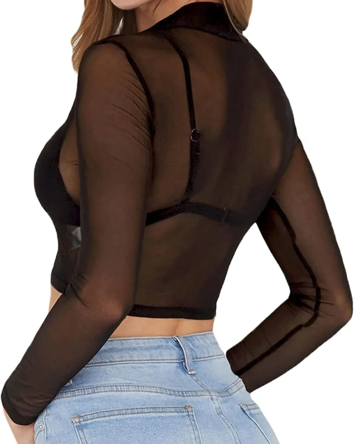 Women's Mesh Long Sleeve Top See Through Shirt Sexy High Crew Neck Sheer Blouse