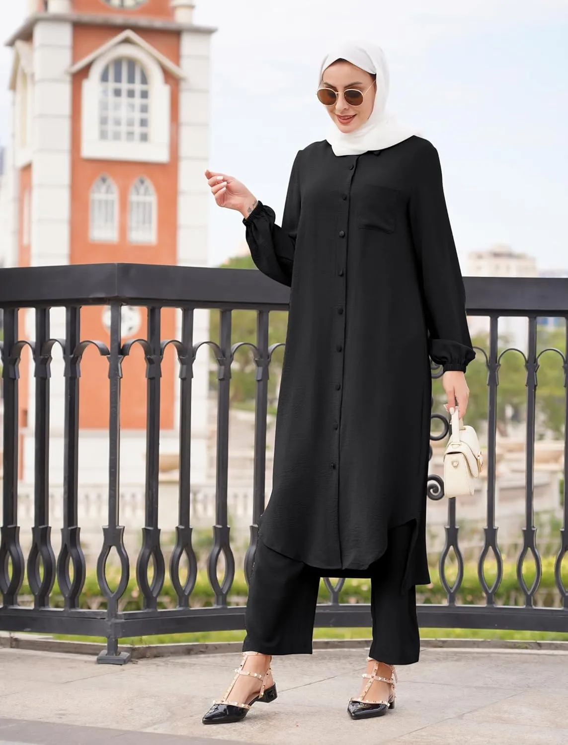 Women's Muslim 2 Pieces Sets Long Sleeve Button Down Shirt and Pants Abaya Casual Dress Dubai Outfits