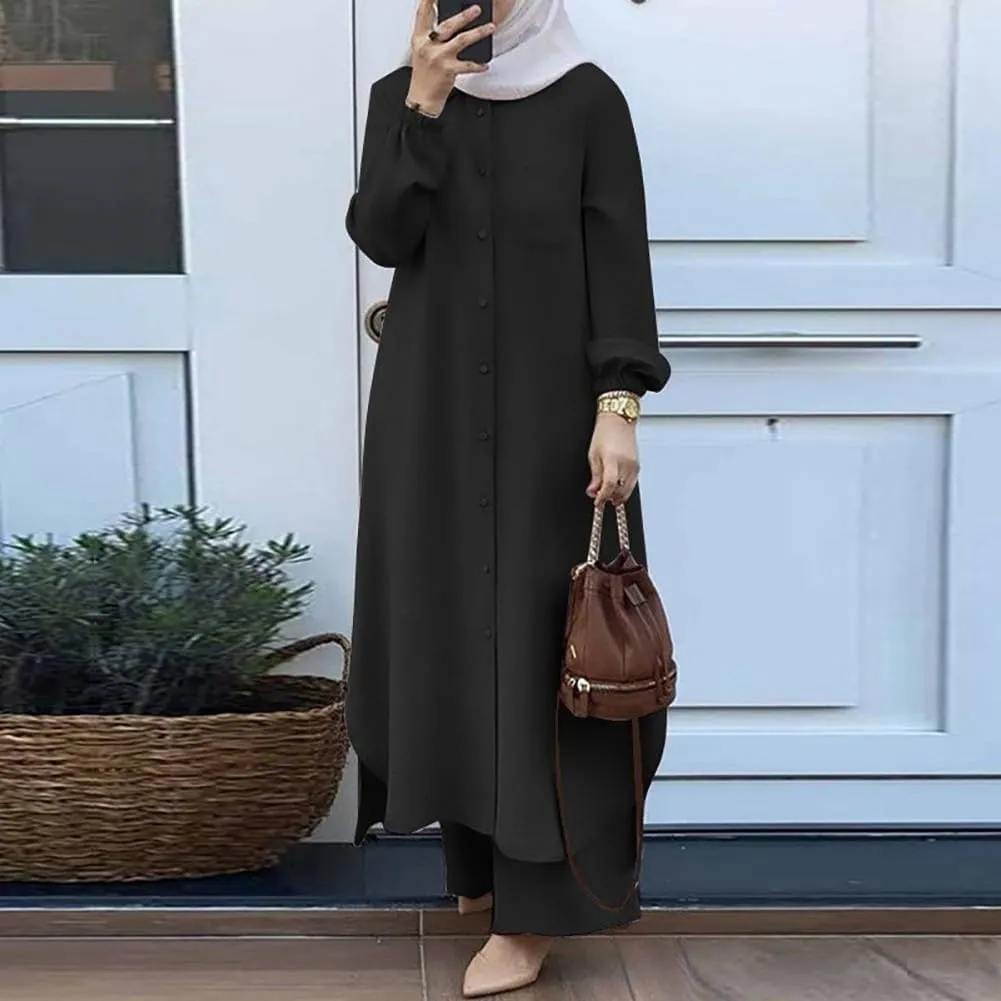 Women's Muslim 2 Pieces Sets Long Sleeve Button Down Shirt and Pants Abaya Casual Dress Dubai Outfits