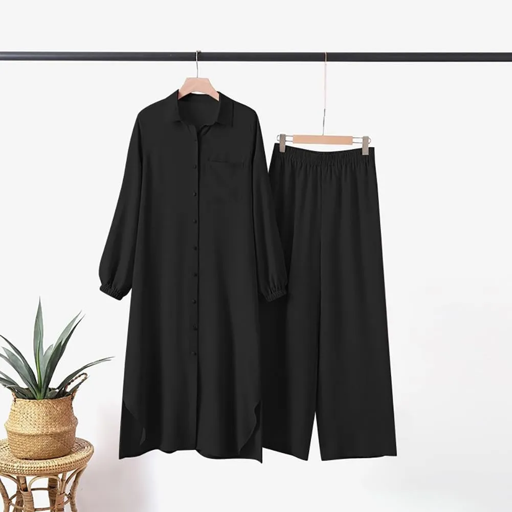 Women's Muslim 2 Pieces Sets Long Sleeve Button Down Shirt and Pants Abaya Casual Dress Dubai Outfits